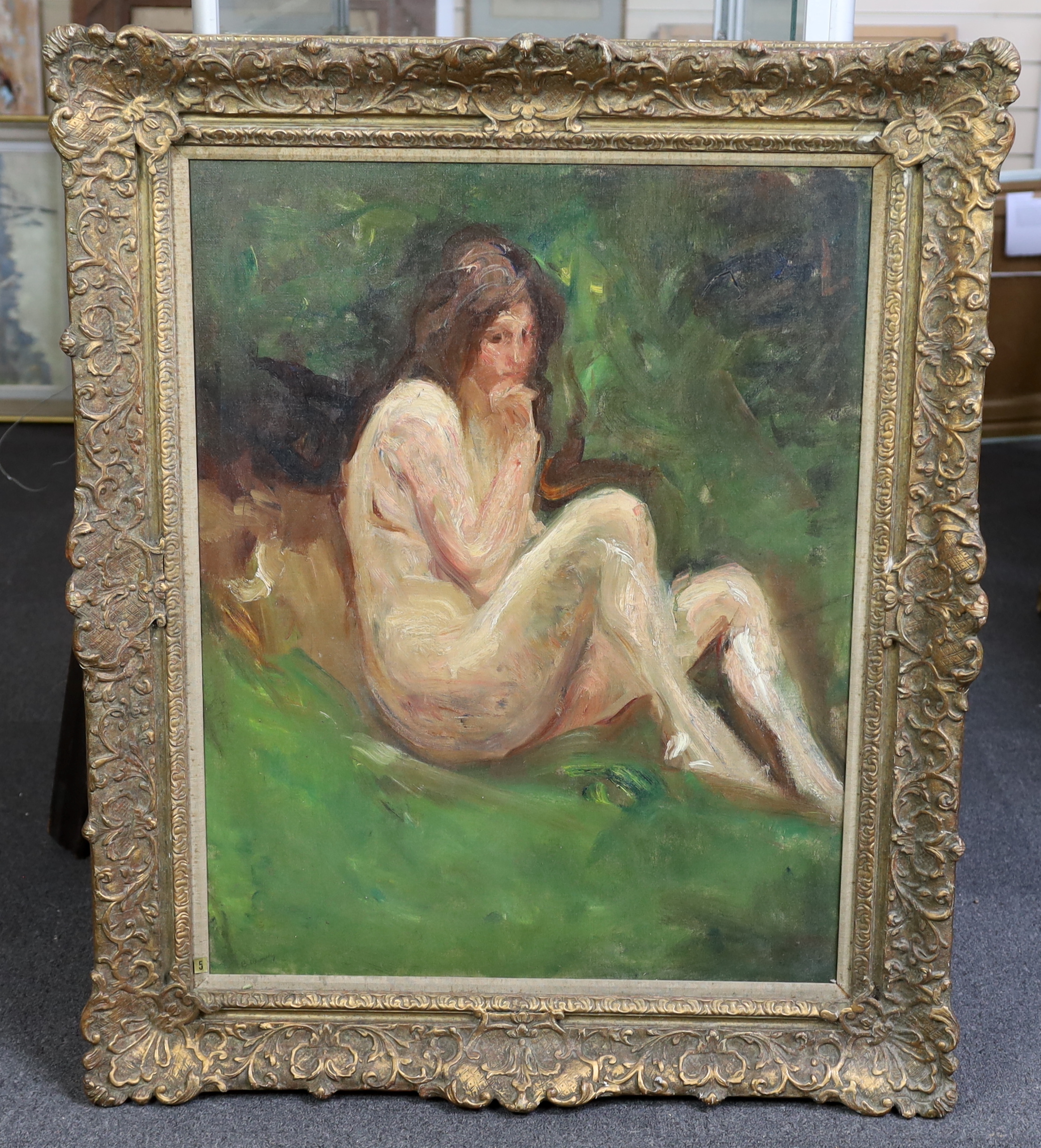 Albert de Belleroche (English, 1864-1944), 'Femme nue dans la Campagne', oil on canvas, 79 x 62cm